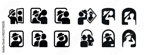 Silhouette art of hat-wearing individuals looking at reflections and portraits