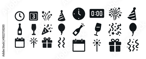 Celebration icons: clocks, fireworks, party hats, gifts, champagne, and balloons