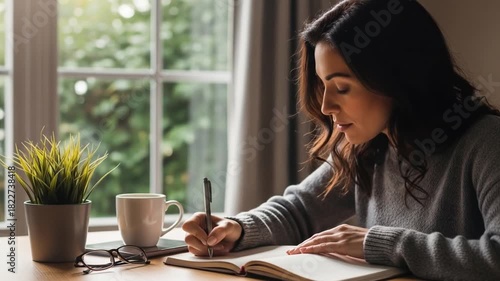 Woman writing in a notebook at a table by a window with a mug plant and glasses nearby