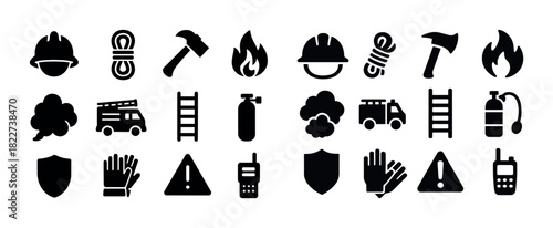 Firefighting equipment icons: helmets, fire extinguishers, gloves, axes, boots, ropes, trucks