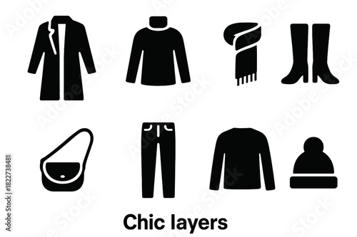 Chic Layer Icons. Chic layers. Filled icon set of chic layers: long coat, turtleneck, scarf, boots, crossbody