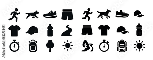 Black silhouette icons of running, dogs, apparel, and outdoor activities
