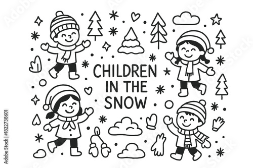 Children in Snow Doodles. Children in the snow. Hand-drawn doodle illustration of Children in the snow. hats,