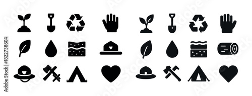 Nature and sustainability icons: plants, recycling, camping, conservation symbols