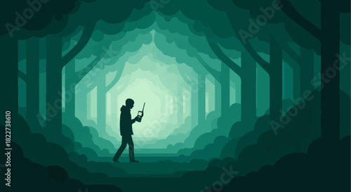 Silhouette of a person walking through a mysterious glowing forest path holding a small illuminated object.