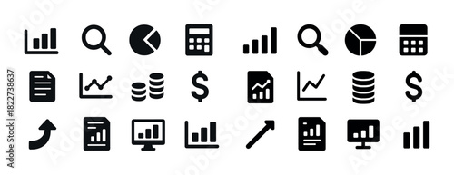 Business and financial icon set featuring graphs, charts, and currency symbols