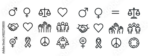 Gender and equality line icons: scales, symbols, peace, inclusion