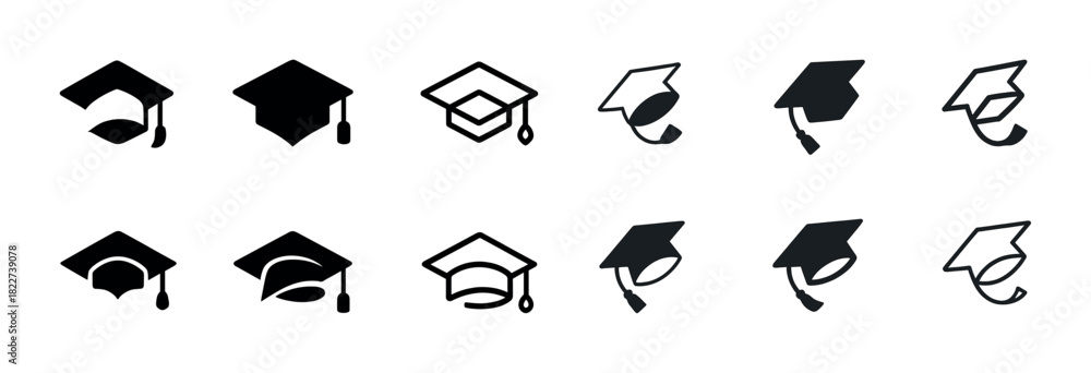 Fototapeta premium Set of graduation cap icons in various designs and styles