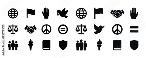 Set of icon symbols: peace, equality, justice, and communication