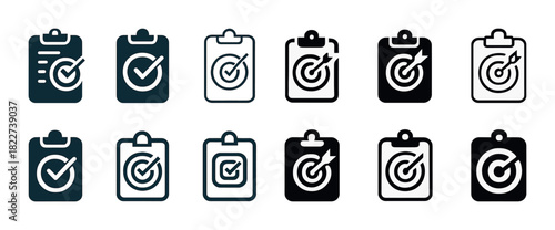 Set of checklist and target icons on clipboards in various styles