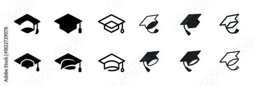 Set of graduation cap icons in various designs and styles