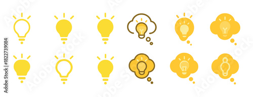 Yellow light bulbs and thought bubbles icons in various styles on white background