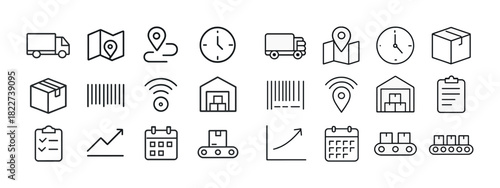 Logistics icons set: trucks, maps, barcodes, warehouses, calendars, charts