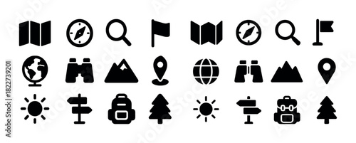 Adventure icon set: compass, map, backpack, nature, travel symbols in black silhouette