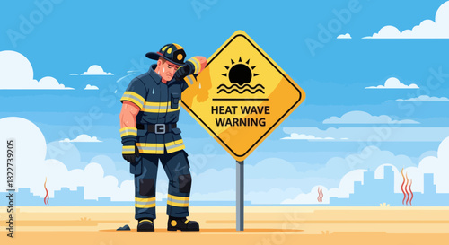 Tired Firefighter Leaning on Heat Wave Warning Sign Under a Hot Sun.