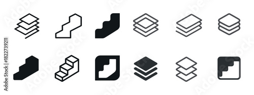 Black and white stair and layer icon set collection