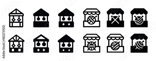 Set of market stall icons with yarn and knitting symbols