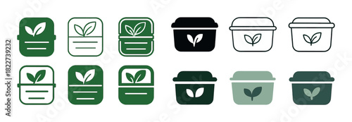 Eco-friendly container icons set with leaf designs in green and black