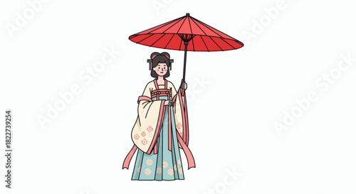 Traditional Chinese Woman with Red Umbrella Illustration.