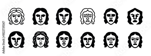 Evolution of abstract male faces: twelve iconic styles