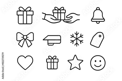 Christmas Giving Icons. Christmas Giving. Line outline icon set of Christmas Giving: wrapped gift, hands