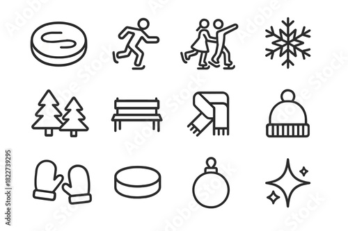 Christmas Ice Rink Icons. Christmas Ice Rink. Line outline icon set of Christmas Ice Rink: frozen lake, skater
