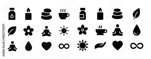 Wellness icons: meditation, nature, balance, harmony, relaxation