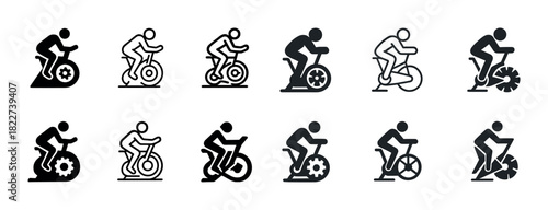 Set of exercise bike icon variations in different styles