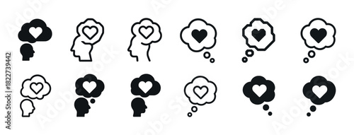 Love thought icons: variations of heart in thought bubble silhouettes
