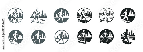 Silhouettes of runners against urban skyline