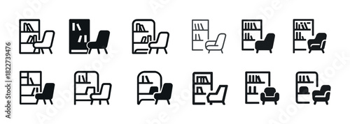 Diverse bookcase and chair icon set in various styles