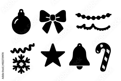 Christmas Ornament Set. Christmas ornaments. Filled icon set of Christmas ornaments: bauble, ribbon bow,