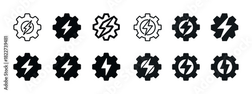 Voltage and gear icons: black and white lightning bolt designs