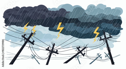 Thunderstorm with lightning and fallen power lines causing power outage.