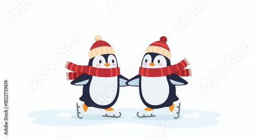 Two cute cartoon penguins ice skating together in winter.
