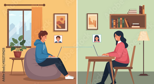 Two individuals working remotely from their homes connected virtually.
