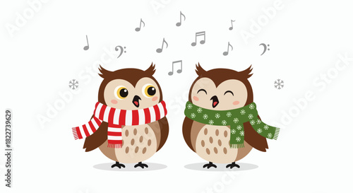 Two adorable owls wearing scarves and singing winter carols.