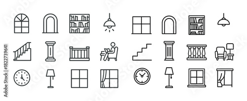 Collection of interior design line icons featuring furniture and architectural elements