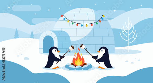 Two penguins roasting marshmallows over a campfire in a snowy landscape with igloos and festive lights.