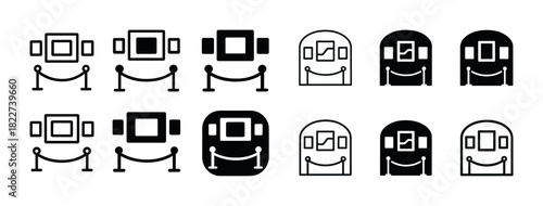 Art gallery icons set: entry, exhibits, and museums