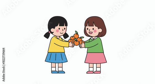 Two young girls sharing a pile of oranges demonstrating friendship and generosity.