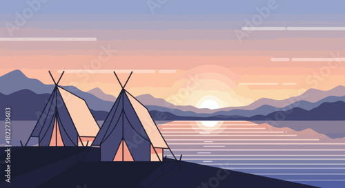 Two teepees by a lake at sunset with mountains in the background.