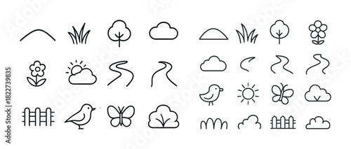 Minimalist nature icon set: trees, clouds, birds, flowers, sun