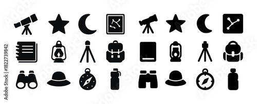 Silhouette design collection of camping and astronomy tools and accessories