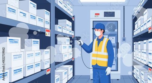 Warehouse worker scanning boxes in a cold storage facility.