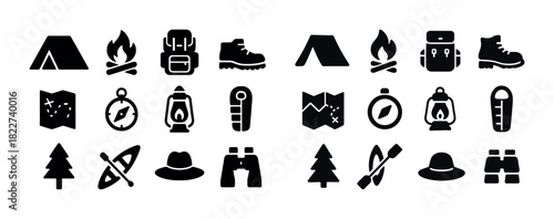 Camping icons set: tents, fire, backpack, and outdoor gear essentials