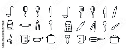 Set of kitchen utensils icons including whisk, knife, and ladle