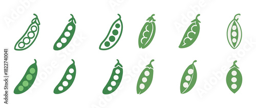 Green pea pod icons in various shades and styles on white background