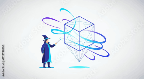 Wizard casting spell on a magical floating cube digital art illustration.