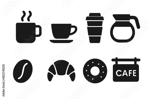 Coffee Shop Icons. Coffee shop icons. Filled icon set of coffee shop icons: steaming mug, espresso cup,